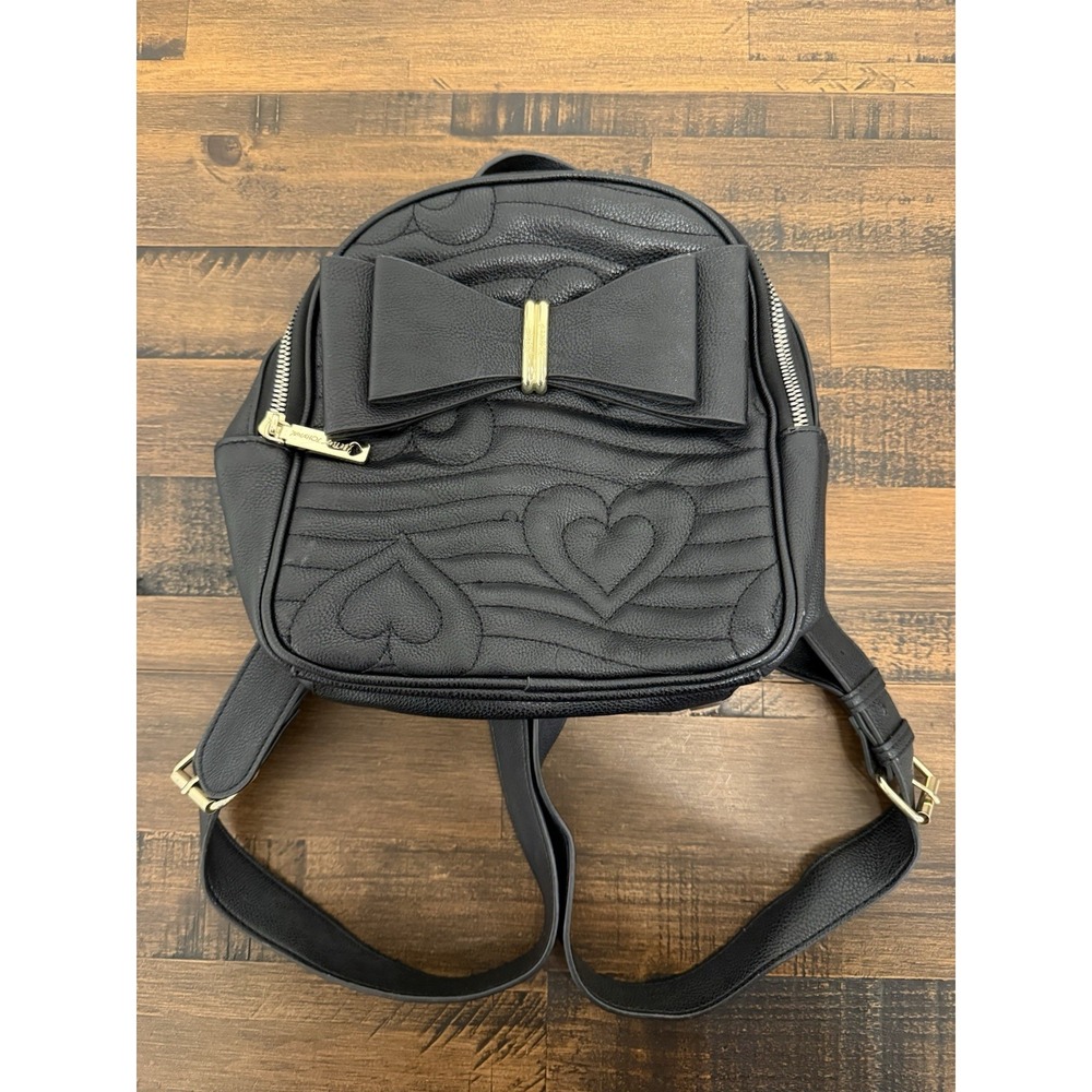 Betsey Johnson Black Quilted Heart Bow Mini Backpack Purse Gold Accents